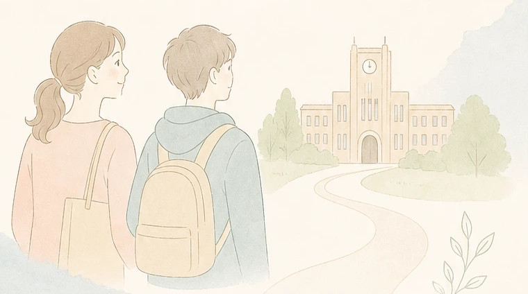 大学のキャンパスを見上げる親子のイラスト